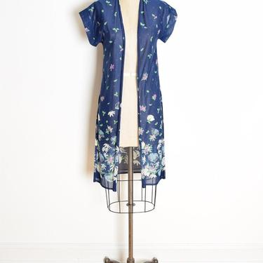 vintage 70s duster jacket navy blue sheer floral border print hippie boho XS/S clothing 