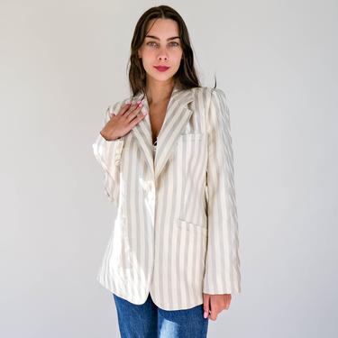Vintage 90s Giorgio Armani Ivory &amp; Light Gray Textured Stripe Silk Blazer | Made in Italy | 100% Silk | 1990s Armani Designer Silk Jacket 