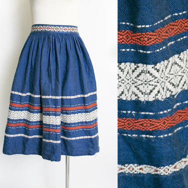 1950s Full Skirt Cotton Ethnic Embroidered Blue XS 