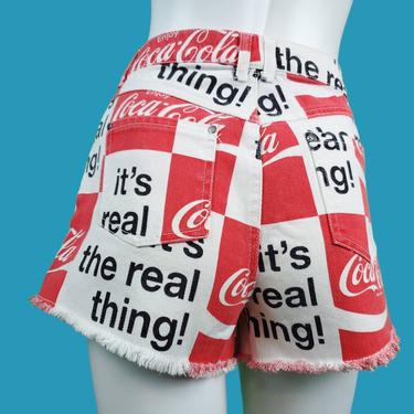 Vintage novelty Coca-Cola shorts. 90s graphic denim cut-offs. Size 28. 