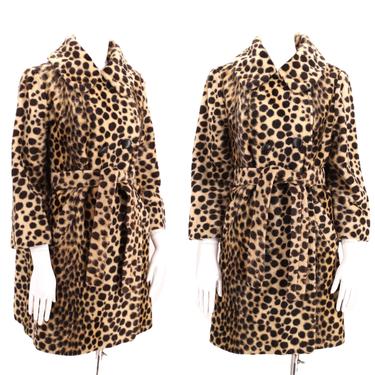 50s leopard print faux fur coat L  / vintage SAFARI pin up cheetah plush fake fur belted coat 1960s 1950s size medium 