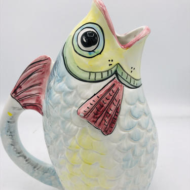 Vintage Hand Painted Jug Pitcher- Shaped like a Fish- Bright Colors- Chip Free 