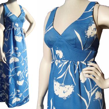 Vintage 60s Malia Blue Floral Hawaiian Maxi Patio Dress S / M 
