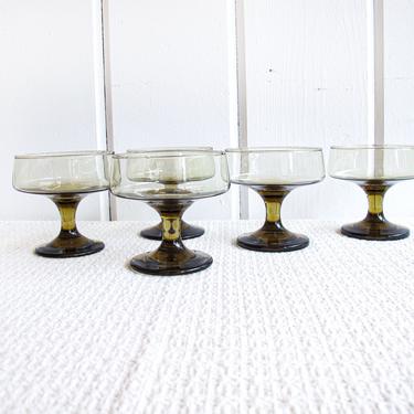 Gorgeous Set of 5 Smokey Mid-Century Modern Champagne and Cocktail Glasses 