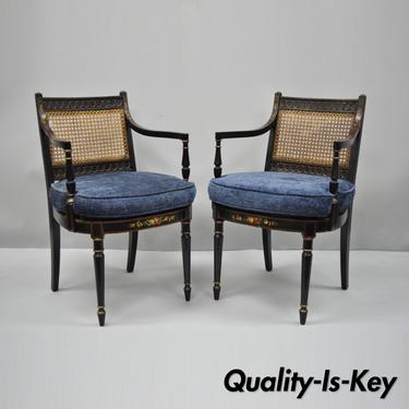 Pair of Antique English Regency Style Black Lacquer Cane Armchairs