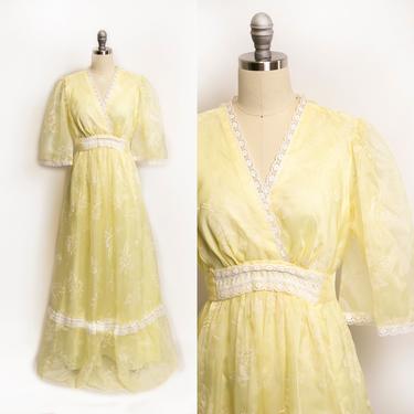 1970s Maxi Dress Chiffon Floral Yellow L 