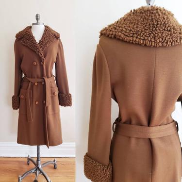 1970s Brown Knit Sweater Coat / 70s Double Breasted Belted Coat Fur Illusion Collar and Wide Cuffs/ AS IS / Bonnie 