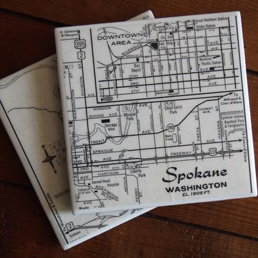 1971 Spokane Washington Vintage Map Coasters Set of 2 - Ceramic Tile - Repurposed 1970s AAA Map - Handmade - Washington State - Gonzaga 