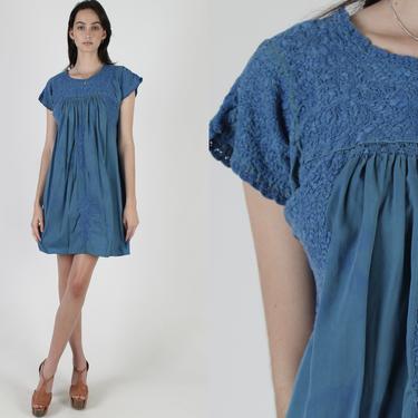 All Blue Oaxacan Mini Dress / Tie Dyed Colorful Hand Embroidery / Vintage Womens Mexican Vestido / Dia De Los Muertos Fiesta Cotton Dress 