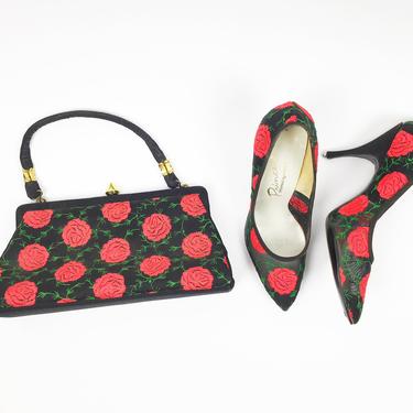 ROSAS... vintage 1950&#39;s black mesh embroidered red rose and green stems pointed toe pumps matching handbag 