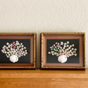 vintage shadowbox seashell art - pair miniature floral picture frames 