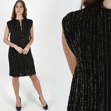 Black Gold Ribbed Knit Dress / Metallic Gold Lurex Striped Dress / Vintage 60s Mod Shift Midi Dress / LBD Cocktail Party Knee Length Mini 