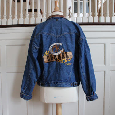 Vintage 80s 90s Blue Denim Leather Collar Western Jacket with Back Logo Women's Size XS S - Made in Canada 