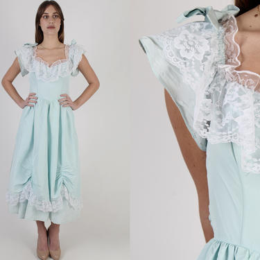 80s Gunne Sax Baby Blue Prom Dress / Vintage Jessica McClintock Wedding Dress / Floral Lace Sweetheart Dress 