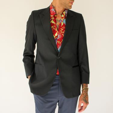 Vintage 70s Sergio for Dale Alan Single Button Tuxedo Blazer | Large Peak Lapel | 1970s Designer Tailored Black Wool Formal Wear Jacket 