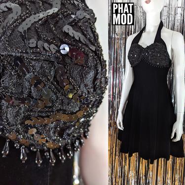 Sexy Vintage 80s 90s Black Velvet Halter Dress with Beaded Sequin Bust 