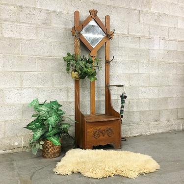 LOCAL PICKUP ONLY Antique Wood Hall Stand Retro 1900's Coat and Umbrella Rack with Diamond Shaped Mirror and Shoe Storage 