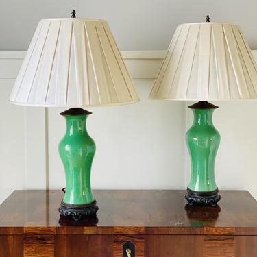 Chinese Emerald Green Glazed Lamps, c. 1820s, Pair