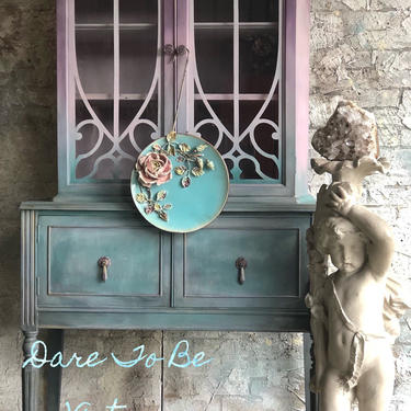 SOLD Vintage Buffet China Cabinet - Hand Painted Armoire - Vintage Server Hutch - Shabby Chic Cabinet - Boho Chic Armoire 