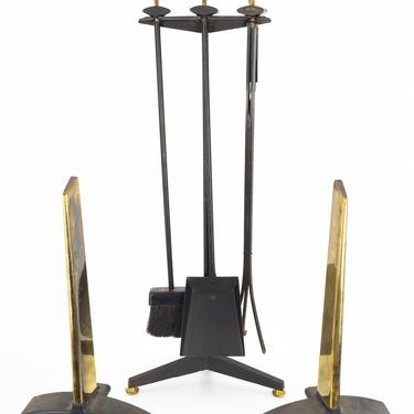 Donald Deskey for Bennett Mid Century Iron and Brass Andirons Fireplace Tool Set - mcm 
