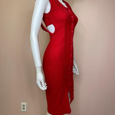 Vtg 1980s ribbed red midi dress with back cut out 