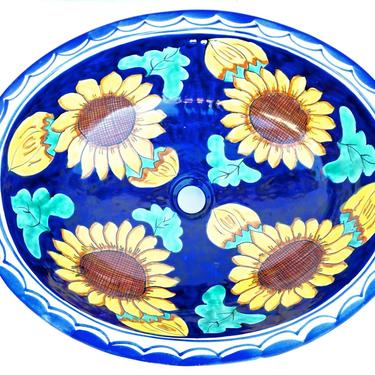 21&quot; Mexican Talavera Pottery Art Sunflower Sink | Bird Bath | Planter || Cobalt Blue Yellow Flora Patterns 