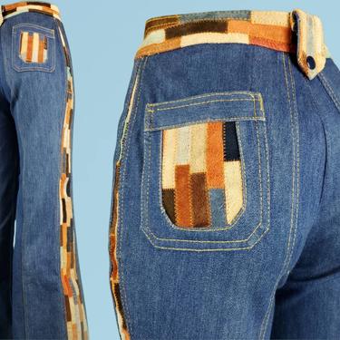 70s patchwork leather jeans. Mid rise bell bottoms. Absolute stand-out pair of pants! (28 x 31) 