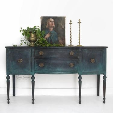 Black and Teal Hand Painted Bow Front Buffet Table, Vintage Hepplewhite Sideboard, Federal Server for Dining Room 