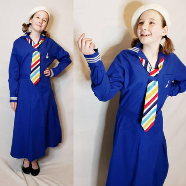 Vintage Girl Scouts Mariners Uniform in Blue Cotton Skirt Sailor Blouse Colorful Striped Tie  /40s Sailor Collar Top Skirt Set Blue Cotton M 