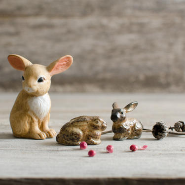 Vintage Porcelain Ceramic Set of Three Tan Brown Bunnies Rabbits Figurines Sculptures 