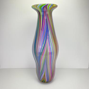 Vintage Very Large Studio Art Glass Vase Colorful Striped Mid Century Modern 18&quot; 