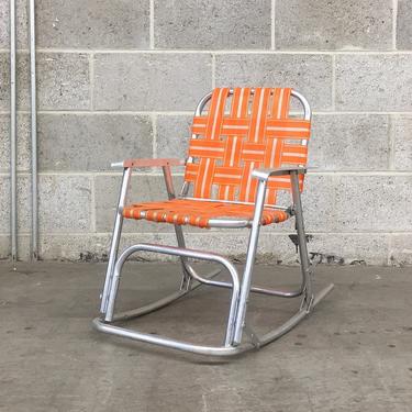 Vintage Kids Lawn Chair Retro 1960s Silver Aluminum Frame + Childrens Patio Chair + Rocker + Orange and White Webbed Ribbon Seat + Folds Up 