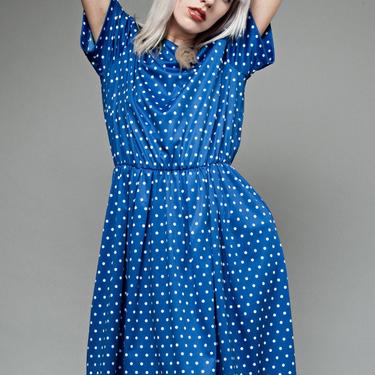 vintage 80s day dress blue white polka dot knit short sleeves knee length XL extra large 