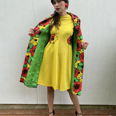 Vintage 60s Pauline Trigere Silk Floral A-line dress Jacket Coat Mod set Mad men suit S M 