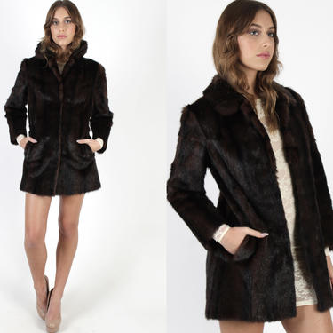 Silky Mink Coat / Skinny Mink Fur Waist Coat / Vintage 60s Brown Fur Under Collar / 1960s Slim Stroller Evening Striped Jacket 