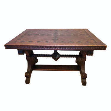 19th Century English Victorian Arts and Crafts Medieval Library Table with Hand Carved &amp; Painted Oak Parquetry, Celtic Geometric Carvings 