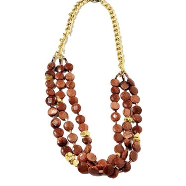 Goldstone and Gold Nugget Layered Necklace - Multistrand Polished Glass Necklace - 22 inch 