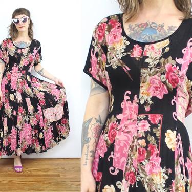 Vintage 90's Black and Pink Floral Gauze Rayon Midi Dress / 1990's Flowy Flower Dress / Spring / Women's Size Small Medium by Ru