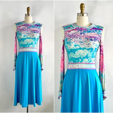 LEONARD Vintage 70s Silk Jersey Knit Dress | 1970s Turquoise Tie Dye Print | Parisian, Made in Paris France, Psychedelic Chic | Size Small 