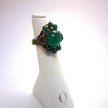 Vintage Midcentury Czech Glass Green Jadeite Art Glass and Twisted Brass Ornate Nouveau Inspired Cocktail Statement Ring 
