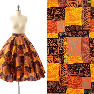 Vintage 1950s Circle Skirt | 50s Geometric Block Print Style Printed Cotton Linen Swing Skirt (x-small) 