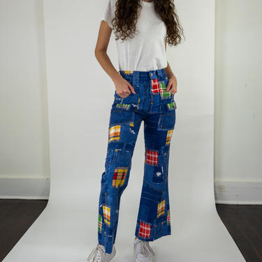 70s Patchwork Print Button Front Flared Pants