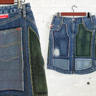 1990s Denim Short Skirt | 90s Patchwork Denim Skirt | Pepe Jeans UK | Medium 