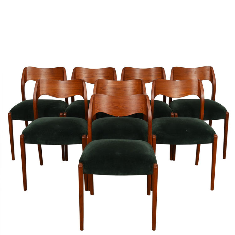 Set of 8 Danish Modern Teak Green Seat Dining Chairs