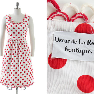 Vintage 1970s Sundress | 70s OSCAR de la RENTA Polka Dot Cotton Red White Scalloped Fit and Flare Day Dress (small/medium) 