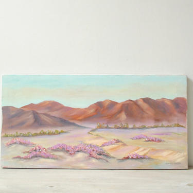 Vintage Landscape Painting of Mountains and Purple Flowers in the Desert, Oil Landscape Painting, Desert Painting, Mountain Painting 