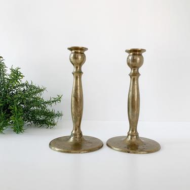 Pair of Heavy Solid Brass Candlesticks, Set of 2 Aged Brass Candle Holders 