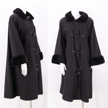 80s YSL black cotton toggle coat L / vintage 1980s Yves Saint Laurent Fourrures swing coat large 