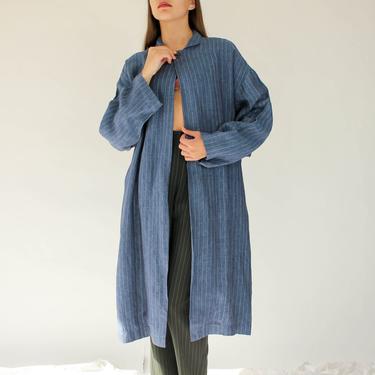 Eskander for Neiman Marcus Indigo Blue Linen &amp; White Pinstriped Duster w/ Pockets | Made in England | Boho, Kimono | Designer Chore Duster 