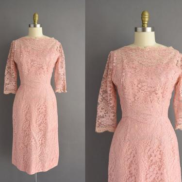 vintage 1950s dress | Arden Format Pink Lace Cocktail Party Wiggle Dress | Small Medium | 50s vintage dress 